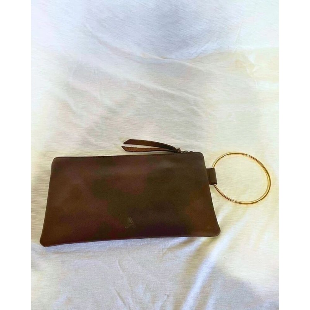 ABLE Fati Wristlet Chocolate Brown Leather Gold Ring Clutch NWT $92 Retail